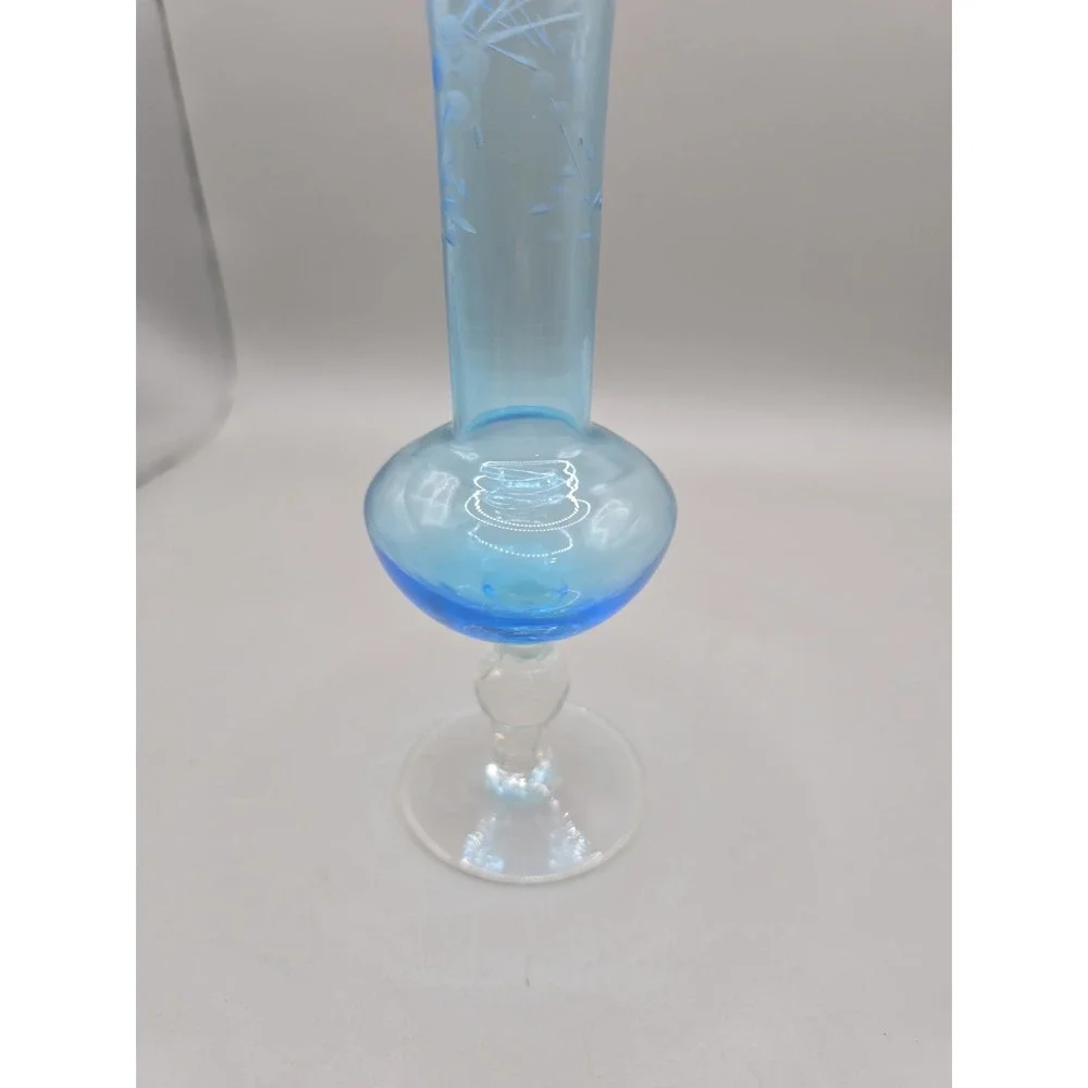 Vintage Blue Etched Floral Glass Bud Vase 8.5 X 2 Inches